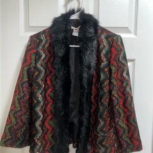 Alberto Makali Black Faux‎ Fur Trim Zig Zag Pattern Blazer Jacket